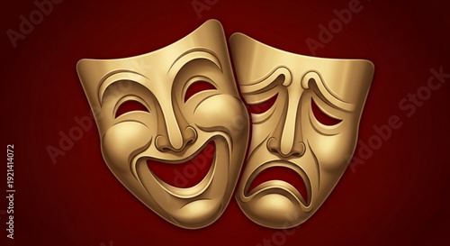 Theatrical comedy and tragedy masks on dark red background symbolizing drama and performance