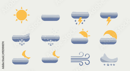 A comprehensive collection of modern flat design weather icons depicting various atmospheric conditions for daily forecasts and meteorological applications
