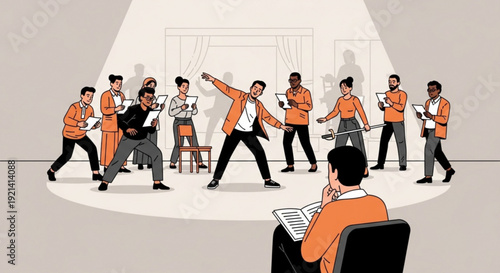 Director guides actors in various dance poses on a spotlighted stage with scripts