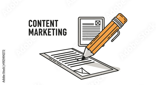 Content Marketing Concept Illustration Showing a Pencil Writing on Paper, Highlighting Business Strategy and Digital Promotion for Brand Growth