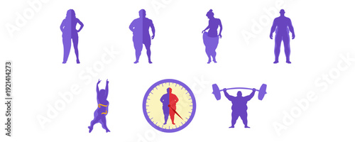 Obesity body transformation silhouette for obesity day, fitness, health promotion. Vector isolated.