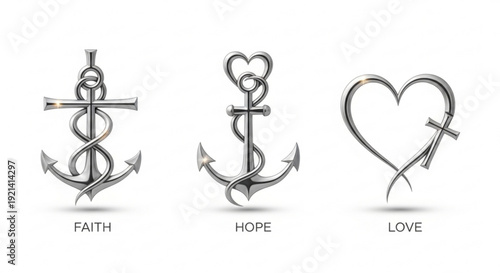Three nautical anchor symbols with heart and cross elements representing faith hope and love on white background