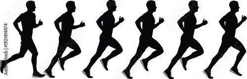Black silhouette collection of a male athlete running showing various stages of a sprint sequence for sports and fitness designs.
