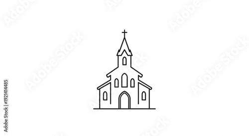 Simple black line drawing of a church building with a cross on top minimalist design isolated on white background symbolizing faith and spirituality