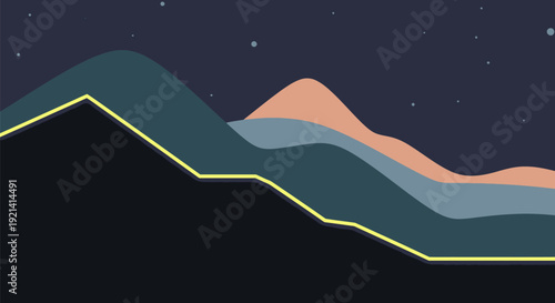 Multilayered mountain landscape at night with starry sky and glowing yellow line