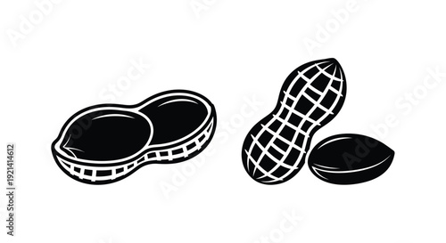 Detailed illustration of peanuts shell and kernels in black silhouette