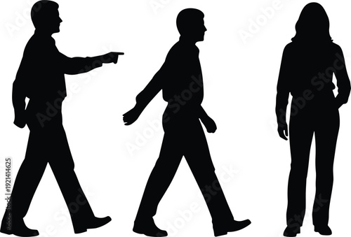 Black silhouettes of people walking and standing including a man pointing forward and a woman in a casual relaxed pose.