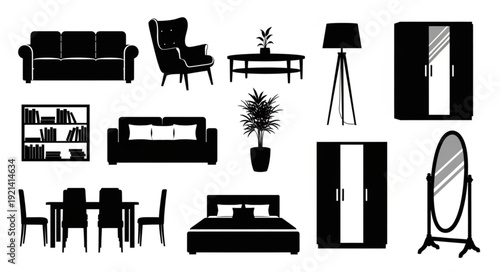 Furniture Icons Set in Black Silhouette.