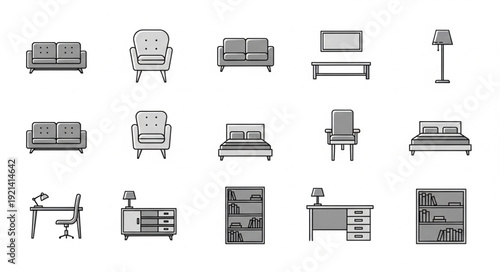 Furniture icons set in black and white.