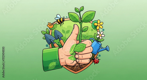 Hand nurturing a green plant with thumb up surrounded by flowers mushrooms and a bee on a gradient green background