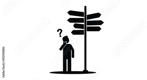 A person contemplates direction with multiple signs a questioning silhouette