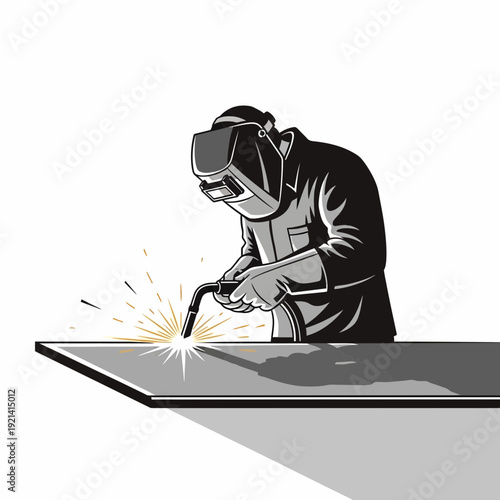 Welder working with welding torch and sparks, industrial concept