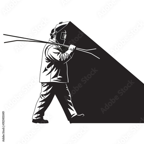 Welder carrying metal rods, industrial worker, silhouette style