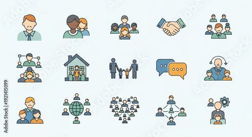 Collection of diverse people and social connection icons.