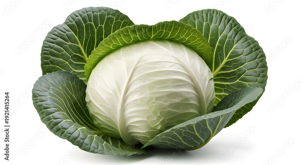 Fototapeta premium Fresh cabbage head displayed with vibrant green leaves and crisp white interior