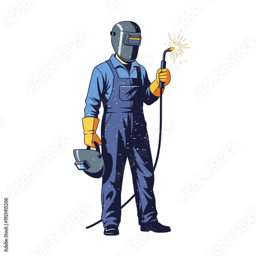 Welder in uniform with mask and torch performing welding, sparks flying