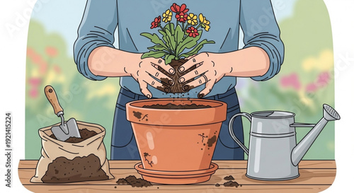 Person planting colorful flowers in a terracotta pot on a wooden table outdoors with gardening tools