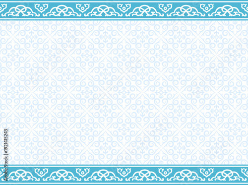 Seamless blue ornamental pattern and borders. Buryatian, Mongolian ethnic style. 