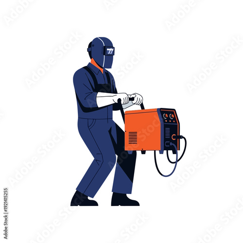Welder operating welding machine, industrial worker with protective gear