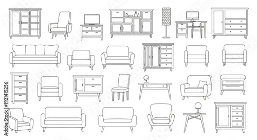 Furniture Line Drawings Various Pieces.