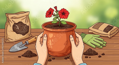 Hands planting red flowers in terracotta pot on wooden table with gardening tools and soil