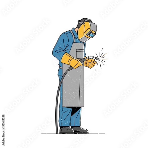 Welder wearing protective gear, holding welding torch with sparks flying