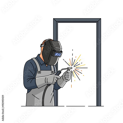 Welder working on metal frame with sparks