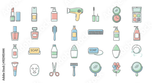 Collection of beauty and personal care icons displayed on a clean white background from a straightforward viewpoint