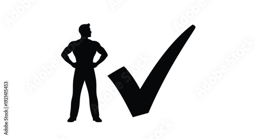 Man standing confidently next to a checkmark bold silhouette