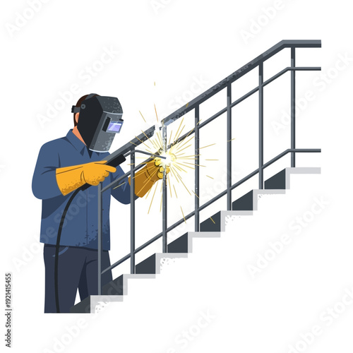 Welder working on metal railing, sparks flying, construction site