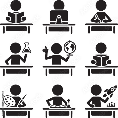 Set of icons presenting education and different school subjects, science, art, history, geography, chemistry, maths, extracurricular activities, geometry, information technology