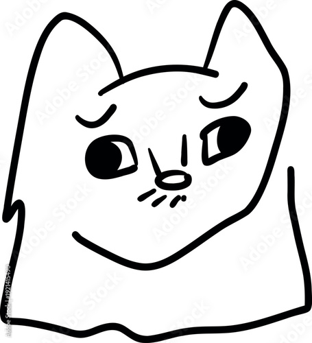 Confused hand drawn cat face, skeptical feline character portrait doodle isolated on white background