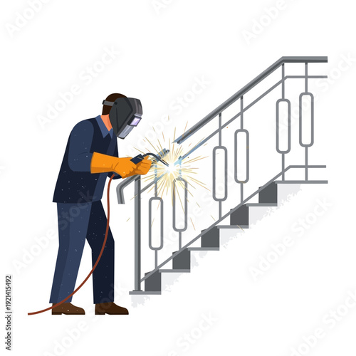 Welder working on metal railing