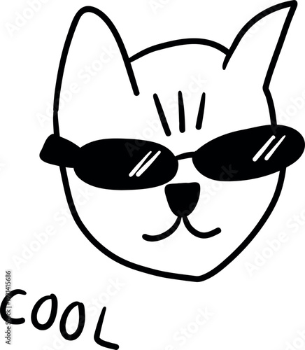 Cool hand drawn cat wearing sunglasses with text, stylish swag feline character doodle isolated on white