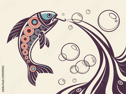 Stylized Fish Leaping from Water with Bubbles.