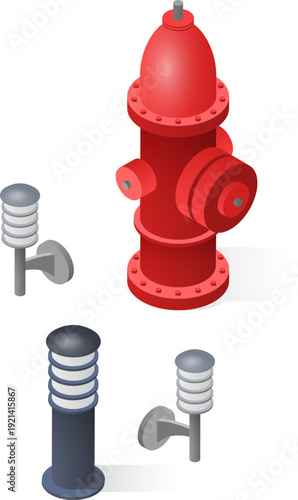 Isometric view of a red fire hydrant with surrounding street lamps