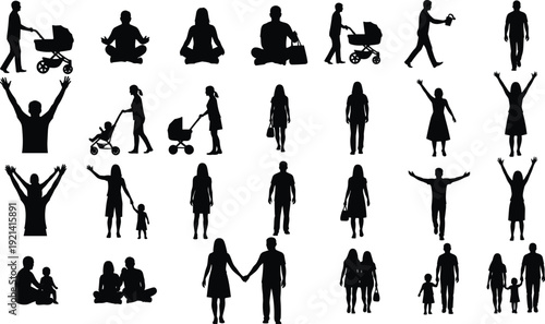 Collection of black silhouettes featuring families parents with strollers couples and individuals in various lifestyle poses for community and demographics.