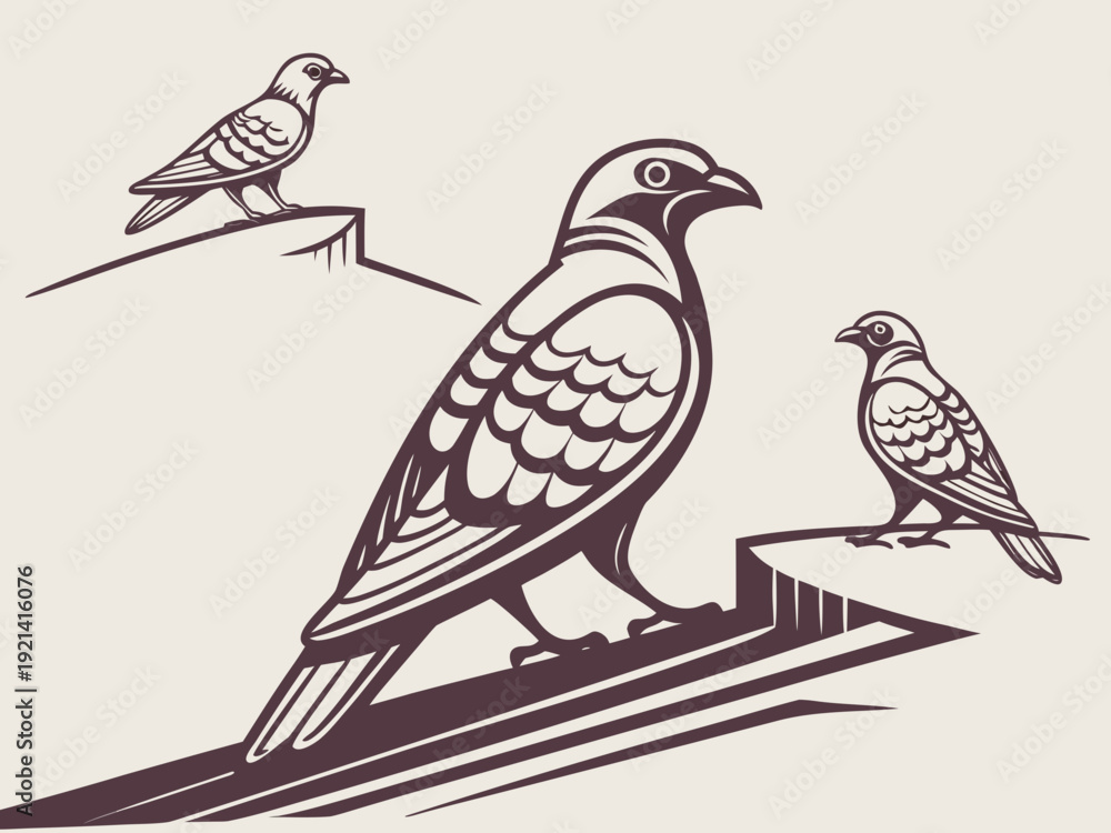 Fototapeta premium Three stylized birds perched on abstract geometric shapes in a minimalist illustration.