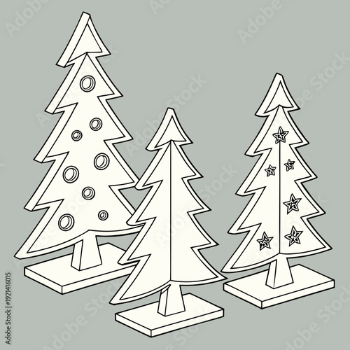 Three decorative Christmas trees with ornaments and stars line art illustration.