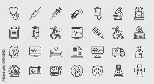 A collection of medical icons displayed on a clean white background showcasing various healthcare symbols and elements