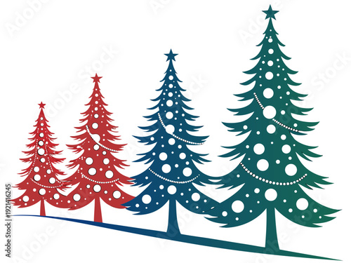 Two red Christmas trees with white decorations and a faint outline of a third tree with a star.