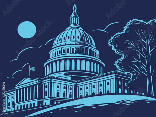 United States Capitol Building at Night with Moon and Trees.