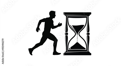 A man runs towards an hourglass symbolizing the passage of time silhouette