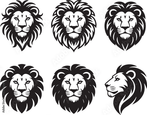Set of lion faces. Collection of silhouette wild cats with mane. King of animals on a safari. Black and white illustration for the zoo. Tattoos