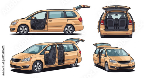 Golden Minivan Multiple Views Open Doors.