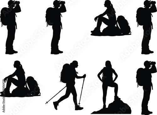 Silhouettes of hikers and photographers in various outdoor activities and poses