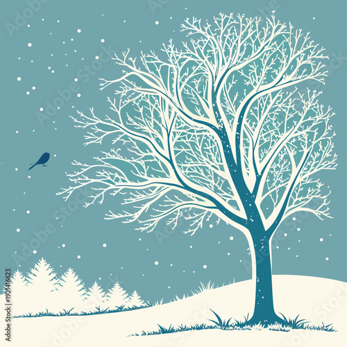 Winter landscape with a bare tree and falling snow.