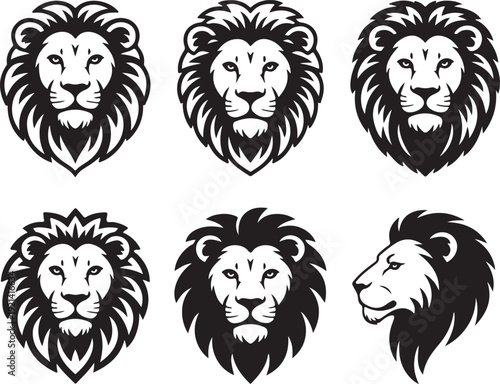 Set of lion faces. Collection of silhouette wild cats with mane. King of animals on a safari. Black and white illustration for the zoo. Tattoos