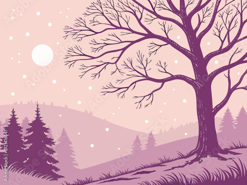 Winter landscape with bare tree and falling snow at night.