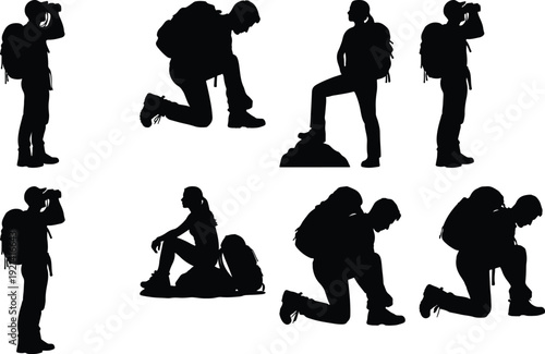 Silhouettes of climbers in various stages of ascent and descent on a mountain